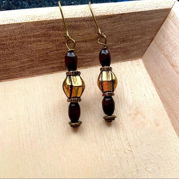 Boho Chic Earthy Brown Copper Beaded Dangle Festival Earrings - Picture 1 of 4